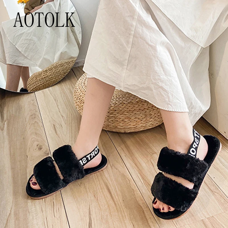 

Women Fur Slippers Indoor Shoes Winter Candy Colorful Soft Brand Back Strap Open Toe Plush Warm Indoor Slippers 2020 New