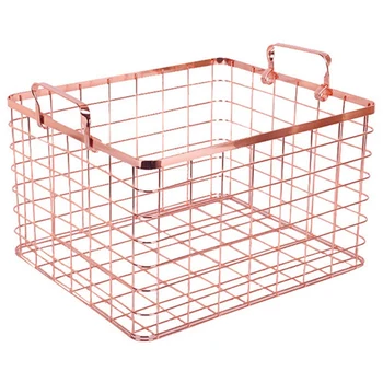 

Metal Storage Basket Chic Nordic Handmade Iron Net Table Shelves Basket Bath Clothes Cosmetics Storage Basket-Rose Gold