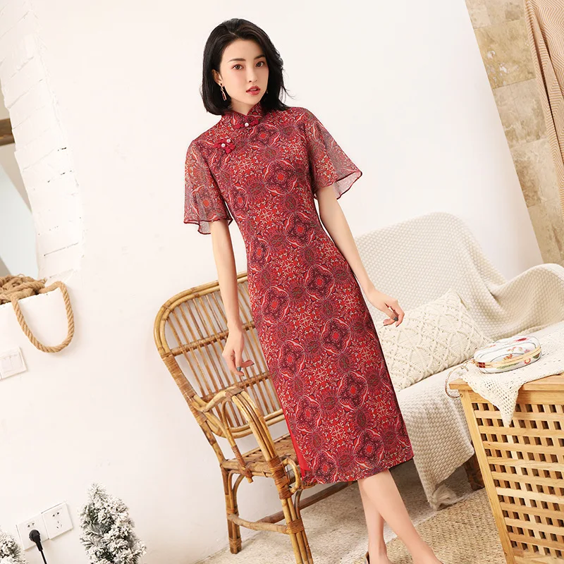Модное женское длинное платье Cheongsam в китайском стиле с воротником-стойкой, летнее шифоновое платье на пуговицах, тонкое платье для вечеринок Vestido M-3XL - Цвет: 3017