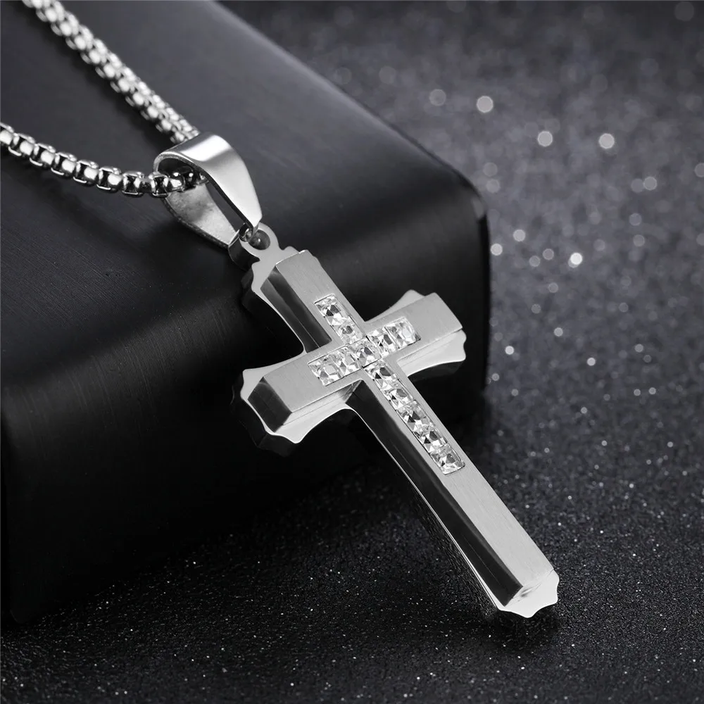 Cross Necklace With zircon Long Pendant Titanium Steel Fashion Jewelry On The Neck Gold Silver Chain Domineering Male Necklace