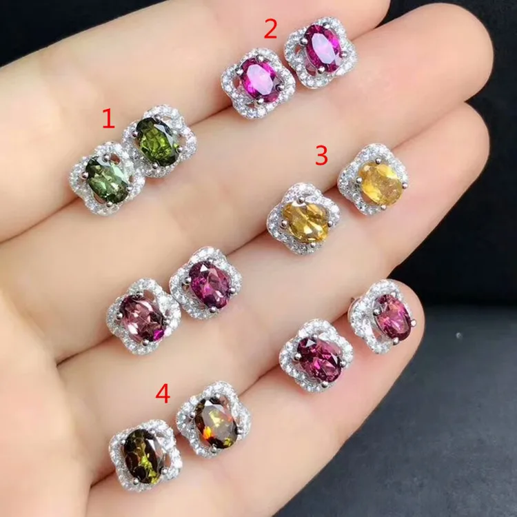 

Silver Accessories Natural Gem Ear Stud S925 Silver Plated 18k Gold with Multicolored Tourmaline Ear Stud