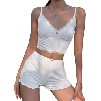 

2020 Summer Women’s 2PCS Camisole Shorts Suit Fashion Solid Exposed Navel Top Elastic Waist Shorts Lounge Wear Casual Outfits