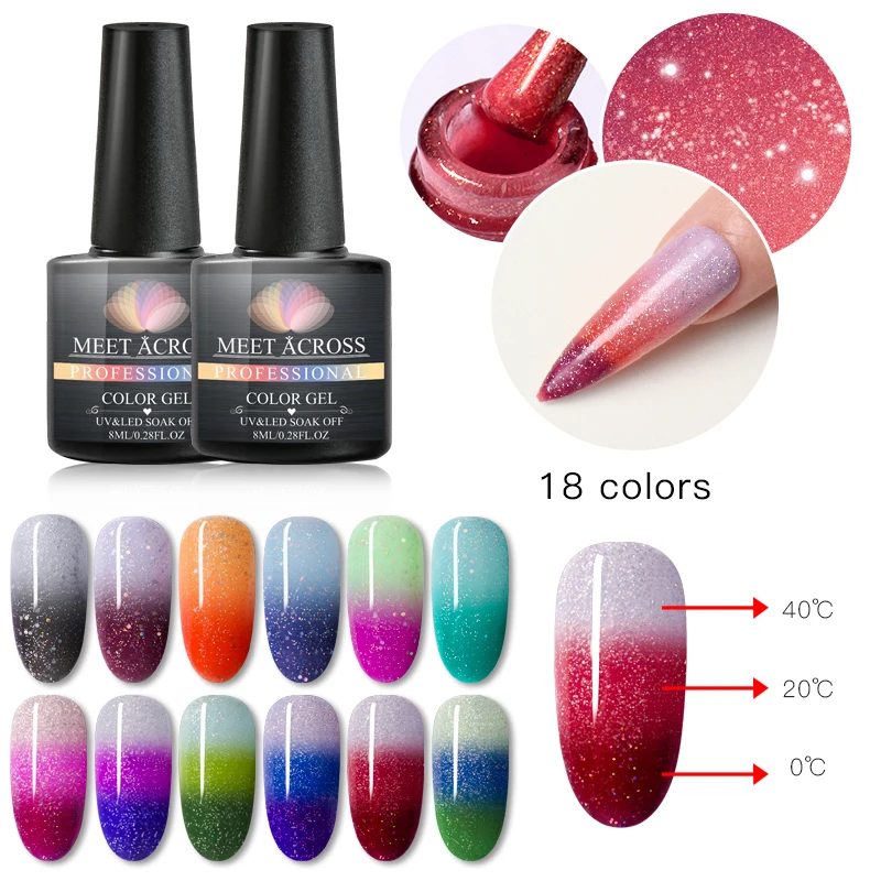 MEET ACROSS Thermal Glitter Gel Nail Polish 3 Colors Temperature Color Changing Nail Art Gel Lacquer DIY Soak Off UV Gel Varnish