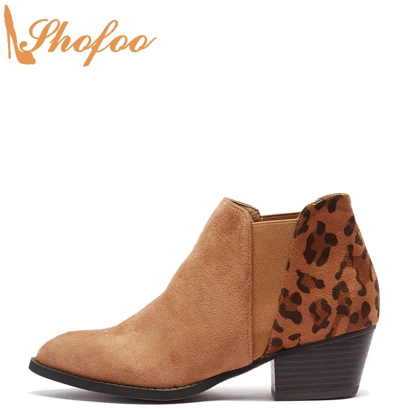 

Brown Leopard Print Patchwork Woman Ankle Boots High Chunky Heels Almond Toe Chelsea Booties Large Size 12 14 Lady Shoes Shofoo