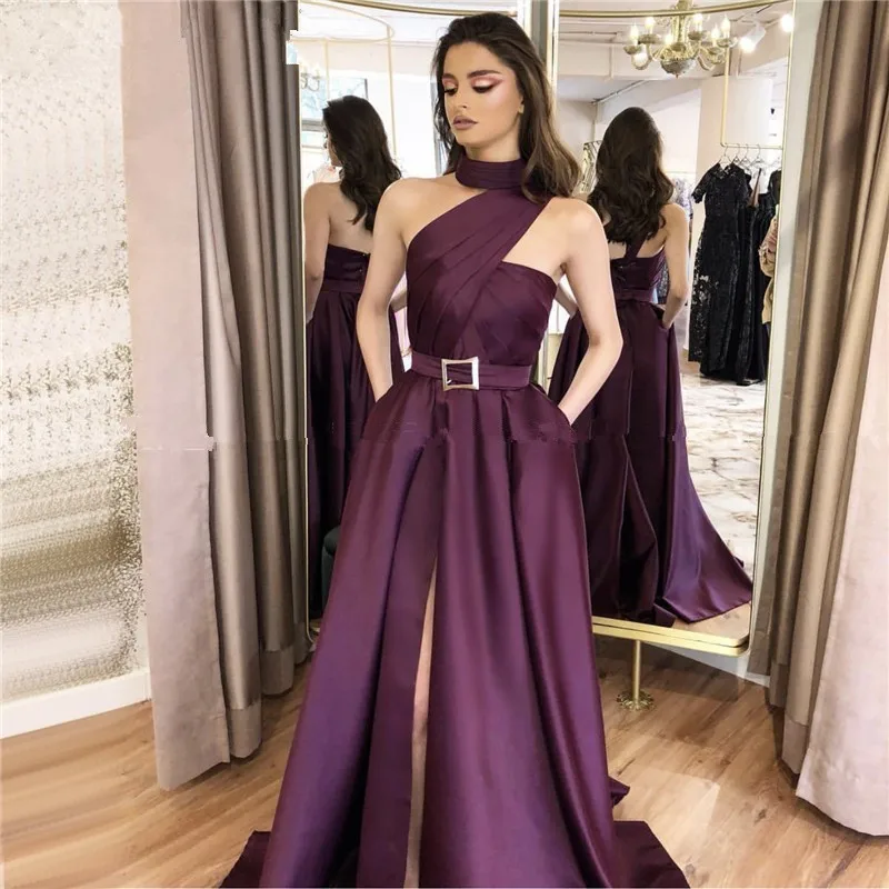 Elegant Purple Prom Dresses Long with Pockets A-Line Halter Slit Satin Party Dress 2020 Robe De Soiree Evening Gowns | Свадьбы и