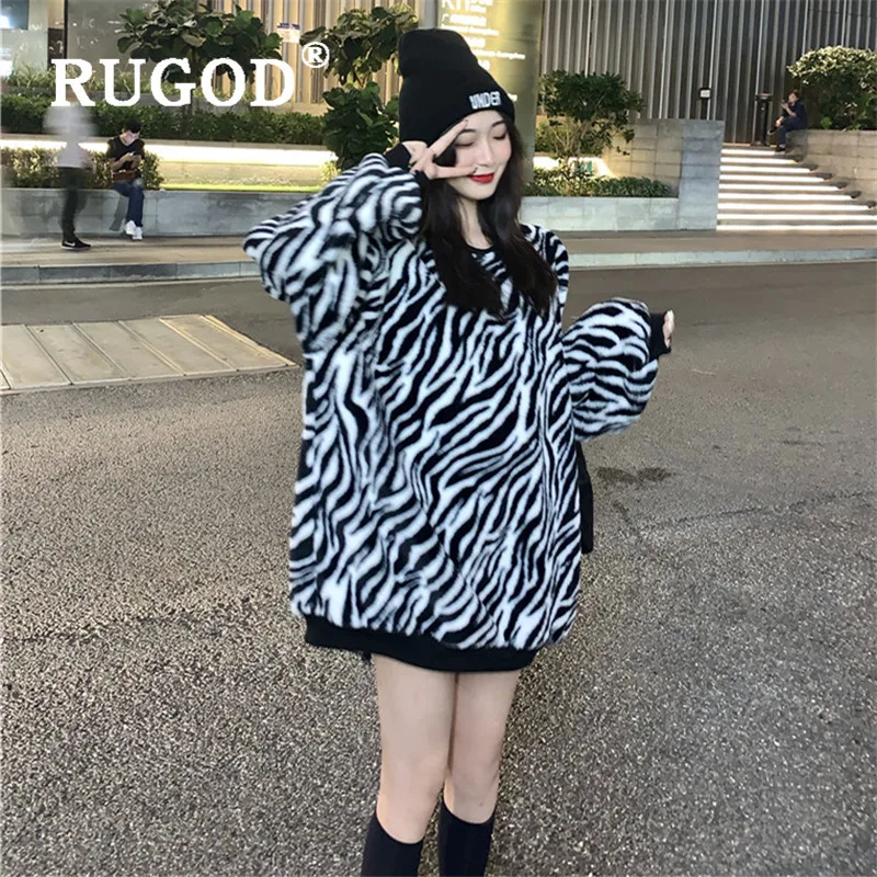 RUGOD, новинка, осенне-зимняя женская бархатная Толстовка с принтом зебры, Корейская шикарная мягкая теплая толстовка с круглым вырезом, длинная рубашка большого размера