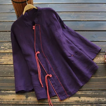 

7388 New Spring Women Blouse Chinese Style Cotton and linen Retro Tassel Loose Stand Collar Nine Quarter Sleeve Shirts Women