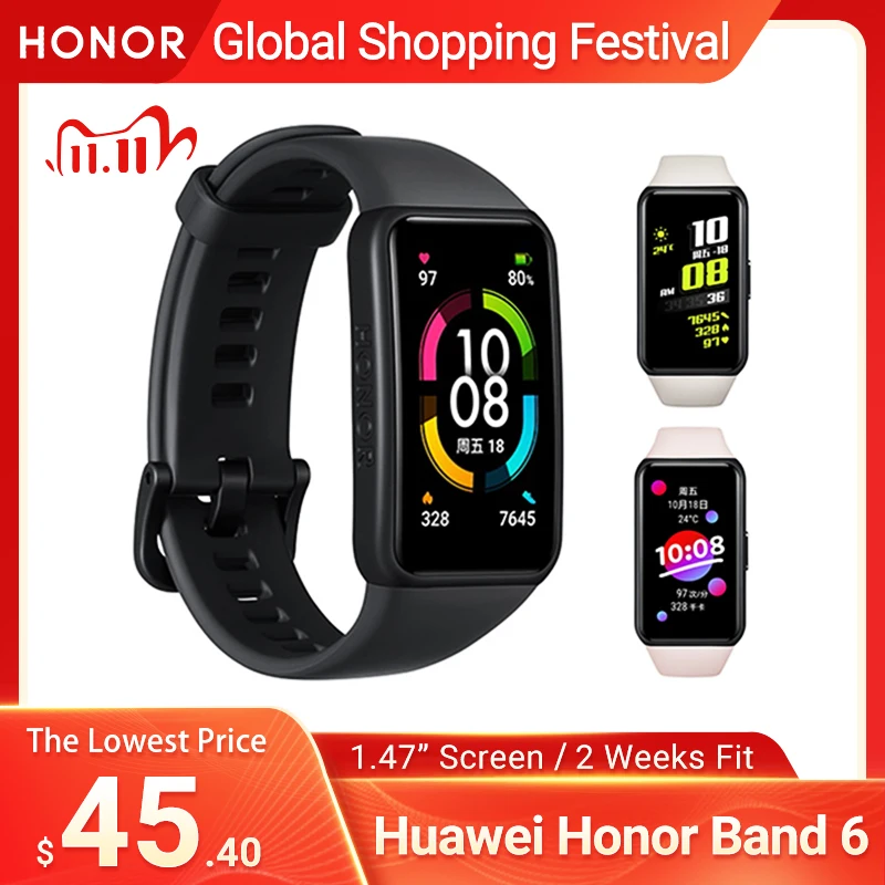 

New Huawei Honor Band 6 Smart Wristband 1.47" Full Screen AMOLED Color Touchscreen SpO2 Swim Heart Rate Sleep Nap Stress