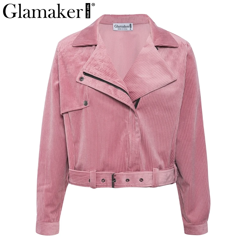 Glamaker вельветовое розовое повседневное пальто для женщин зима осень пояс Женская Базовая короткая куртка Дамская мода уличная куртка