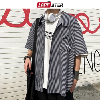 

LAPPSTER Men Striped Harajuku Korean Shirts Half Sleeve 2020 Summer Mens Harajuku INS Shirt Male Broken Pocket Button Up Shirt
