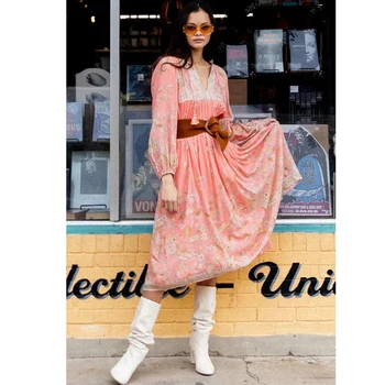 

GypsyLady Floral Boho Midi Dress Summer Long Sleeve V-neck Tassel Tied Autumn Dress for Women Holiday Chic Casual Dress Female