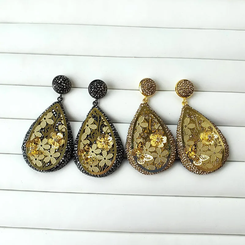 1/4 Pairs Gold Color Metal Hollow butterfly flower Rhinestone Crystal Paved Dangle Earrings for Women Jewelry ER1025 | Украшения и
