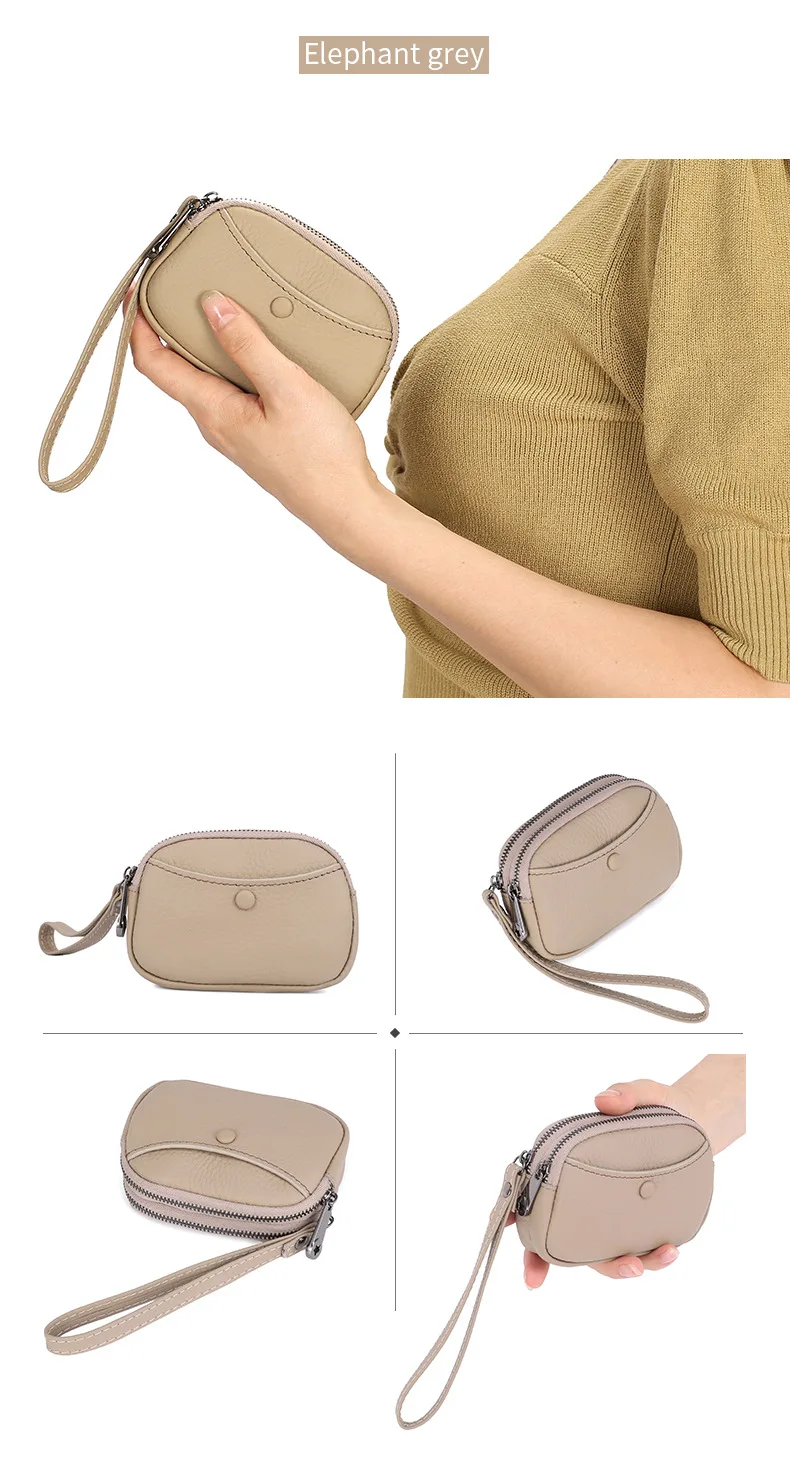 Genuine Leather Coin Purse Women Small Coin Wallet Fashion Wrist Strap Double Zipper Change Purse Portable Pouch Ladies Clutch