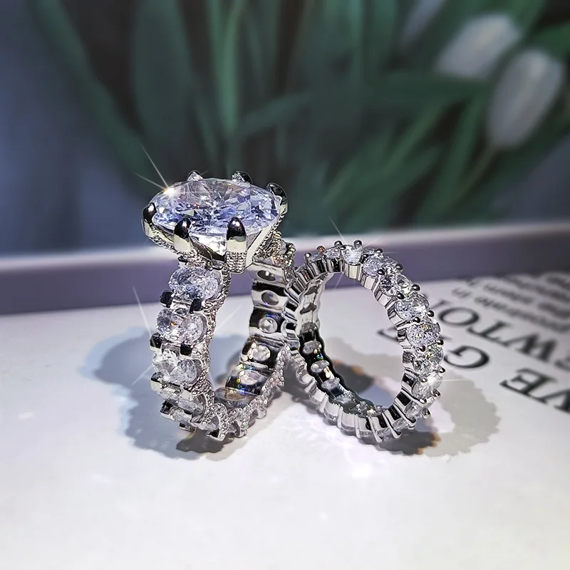 NEW Elegant Zircon Ring Set S925 Silver Color Engagement Wedding Jewelry For Women 2021 Fashion Crystal Gift Wholesale - 3