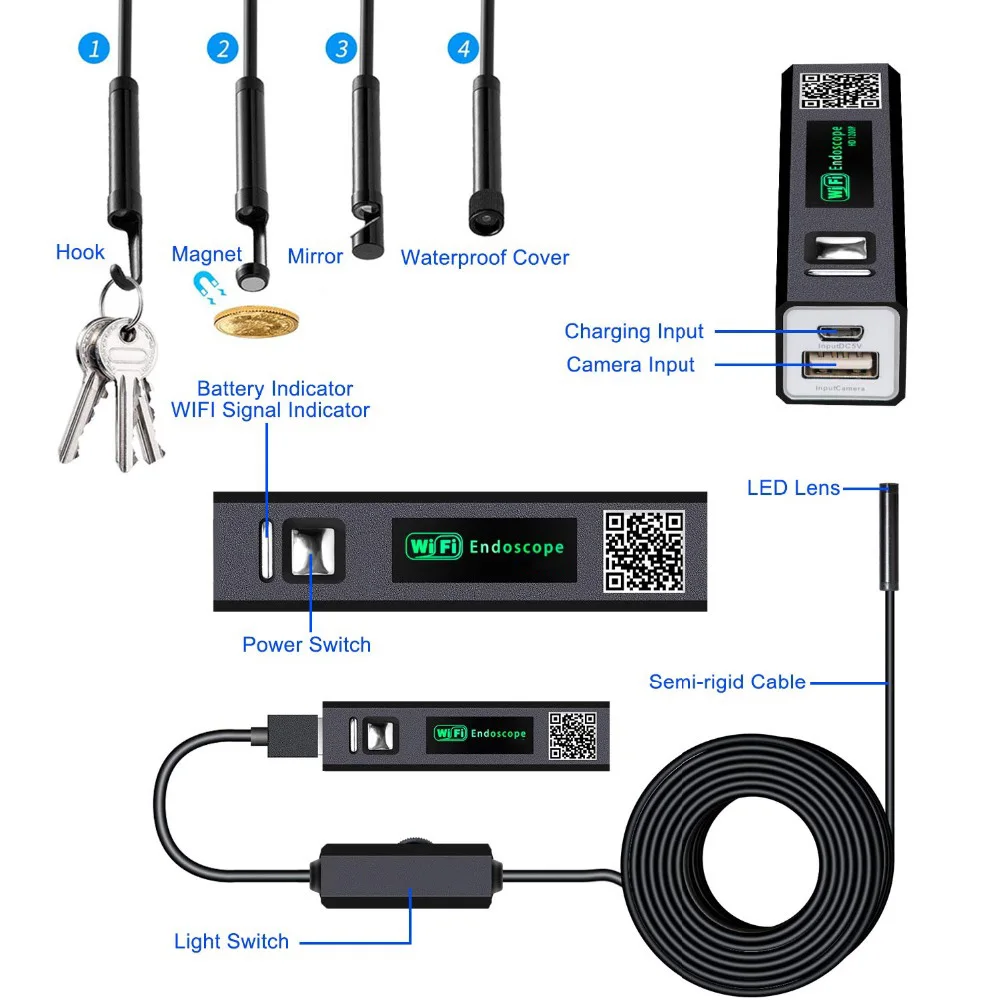 Inspeção do Motor 1200p de Alta Wifi Endoscópio Câmera Resolução Tubo Drenagem 8mm Usb Ios Android pc 4 Wifi endoscópio câmera 1200p de alta resolução