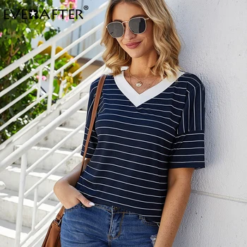 

EVERAFTER Striped Ringer Top Tee Women Summer V-Neck Patchwork Basic Loose 2020 Summer Casual Stretchy T-shirt Short Sleeve Tops