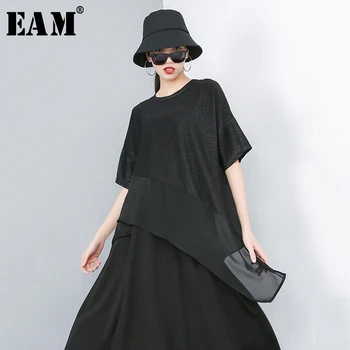 

[EAM] Women Black Asymmetrical Hemline Big Size T-shirt New Round Neck Short Sleeve Fashion Tide Spring Summer 2020 JR866