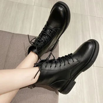 

2020 Black Martin Ankle Boots for Women shoes Lace Up Platform Leather Boots Woman Winter Non-slip Short Booties for Ladies