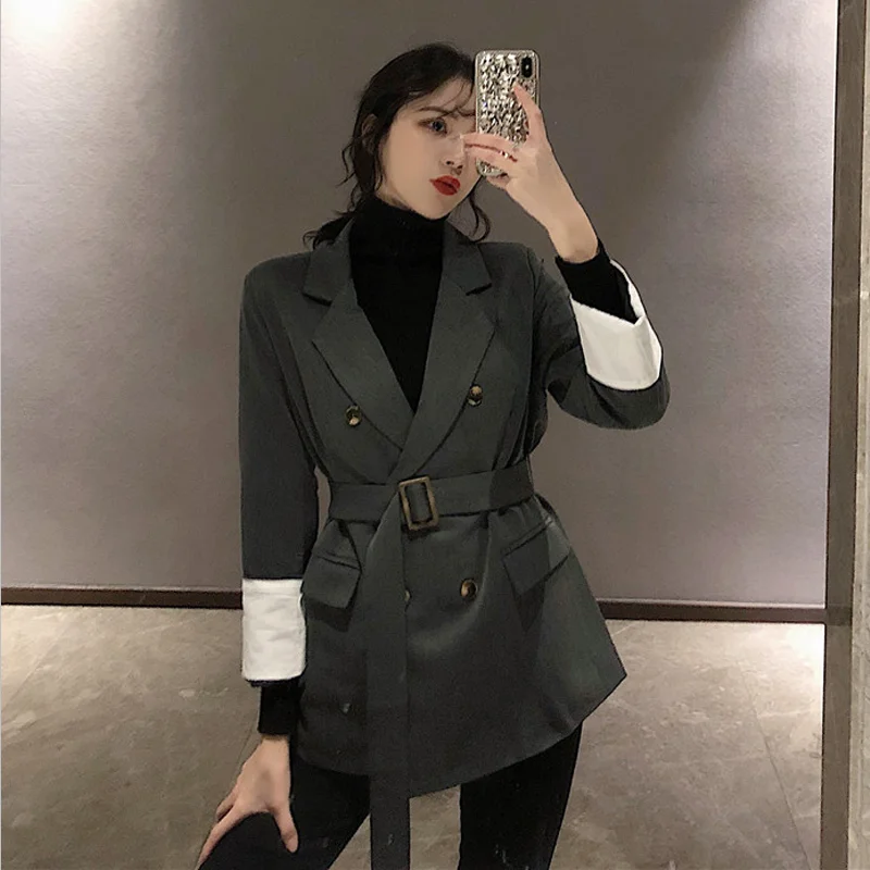Корейский женский негабаритный блейзер тонкий черный пиджак и куртки Femme Tie Up Chaqueta Mujer Bleiser Feminino