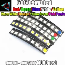 1000 шт. SMD/SMT 5050 светодиодный, красный, желтый, зеленый, синий, белый, желтый, зеленый, розовый, фиолетовый, оранжевый, теплый белый, RGB, холодный синий, двухцветный