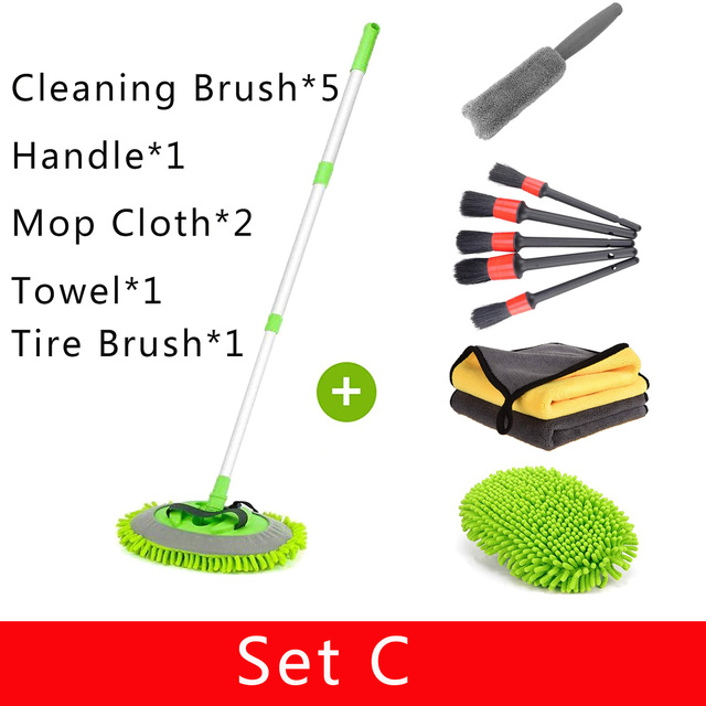 Three section Telescoping Car Wash Brush Mop Chenille Microfiber Broom Towel Set Auto Detailing Tire Brush Cleaning Tool