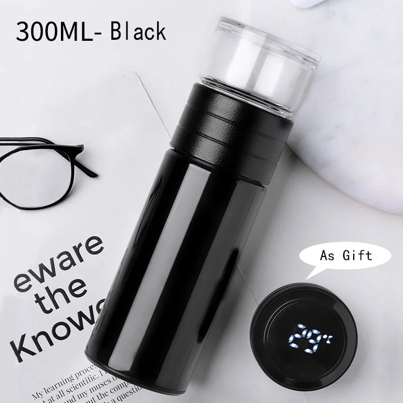 Black With Cover Термос, бутылка для воды с чайным фильтром, разделительная вакуумная колба для чая, бутылка 300 мл, с крышкой дисплея температуры - Цвет: Black With Cover