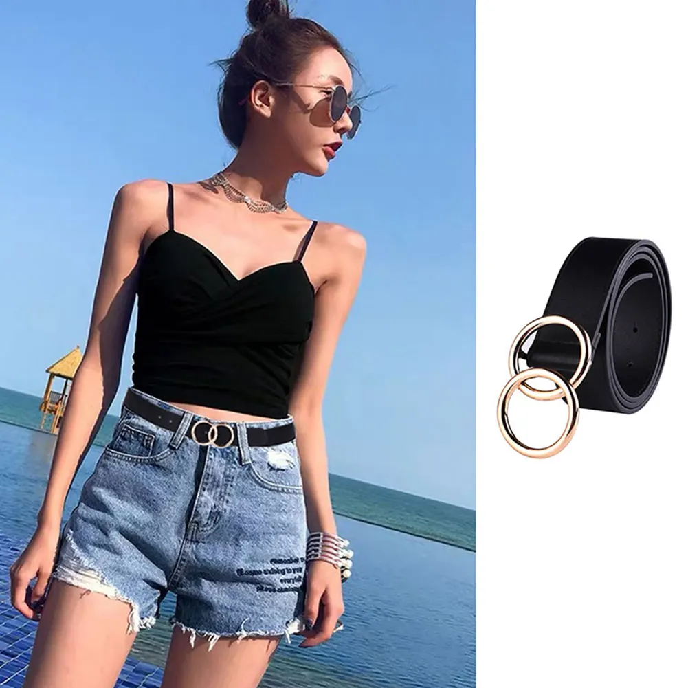 Fashion Dual Metal Rings Faux Leather Adjustable Waist Belt Dress Jeans Decor