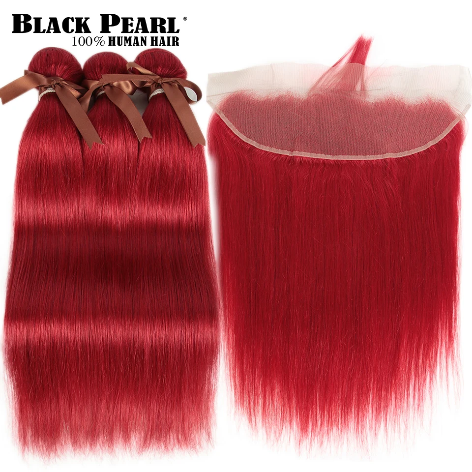 Pacotes com Frontal Brasileiro em Linha Extensões do Cabelo Pacotes de Pacotes Vermelhos com Frontal Preto Pérola Vermelha Reta Remy Humano 2 3 5 em linha reta remy extensões do cabelo