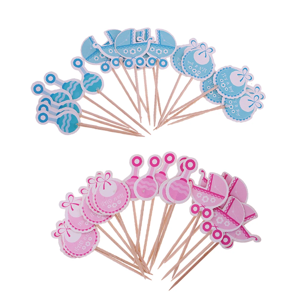 36 Pieces Sweet It's a Girl Boy Baby Announcement Cake Toppers Christening Party Supplies Cupcake Picks Pink Blue