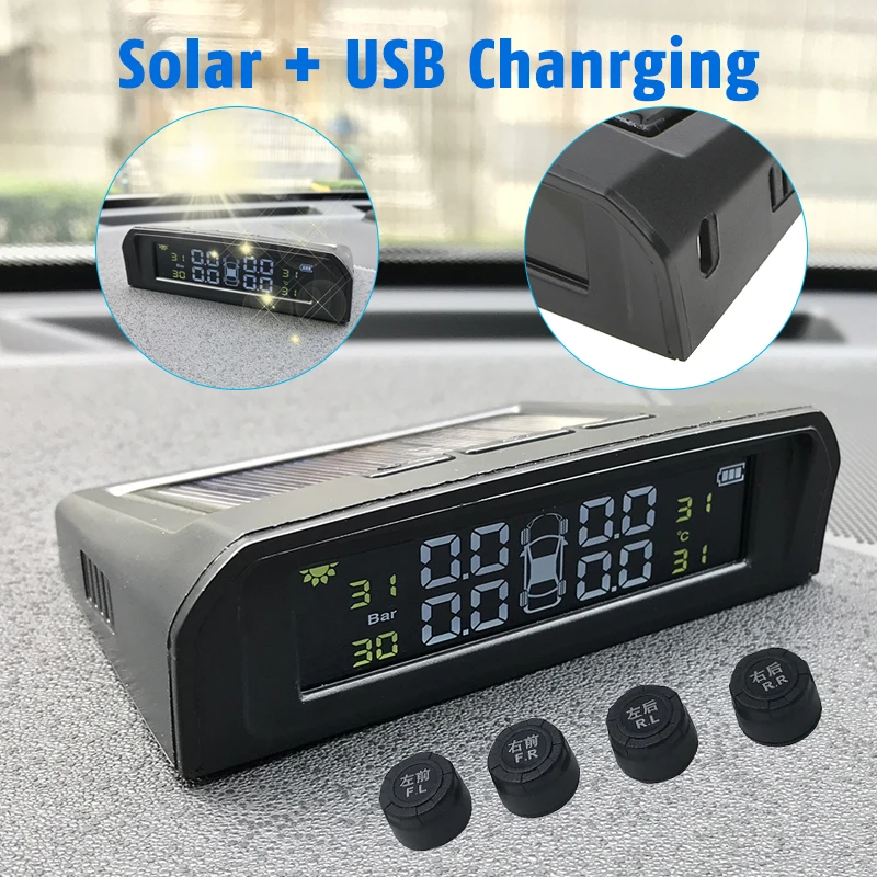 Car LED Display TPMS Tire Pressure Monitoring USB+Solar Alarm Monitor System 4 External Sensors New Auto Security Systems |