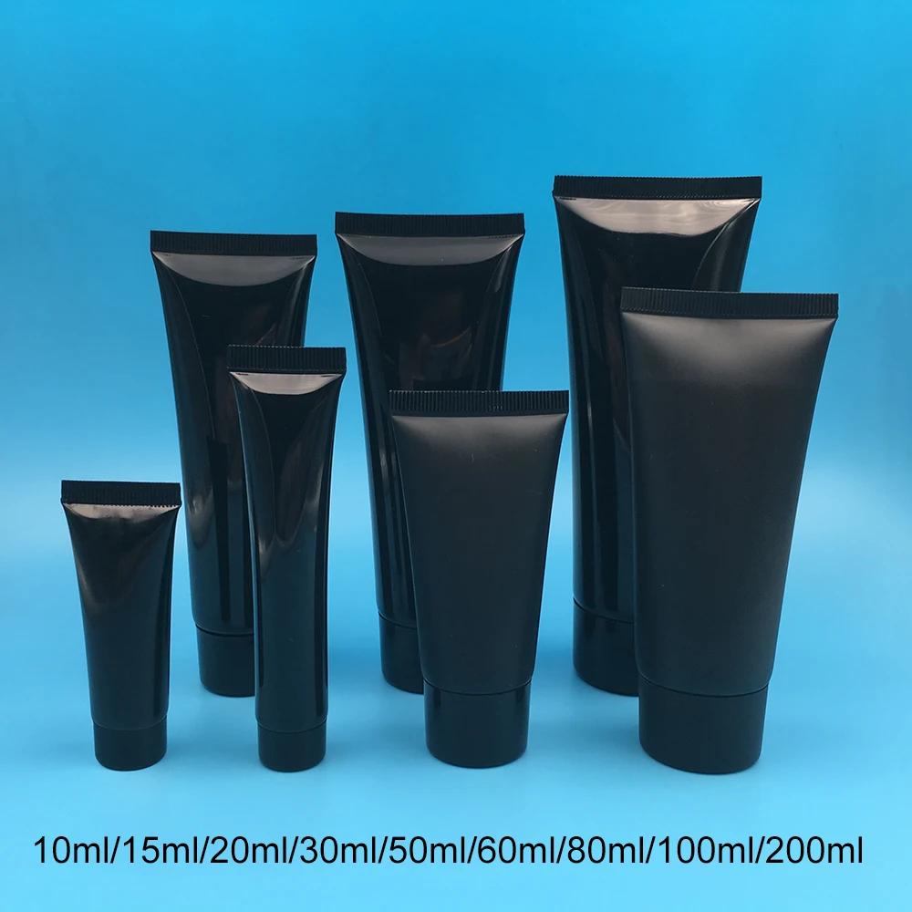 10 мл, 30 мл, 50 мл, 100 мл, 200 г, черная пластиковая мягкая бутылочка, упаковка для лосьона и крема, пустой косметический контейнер