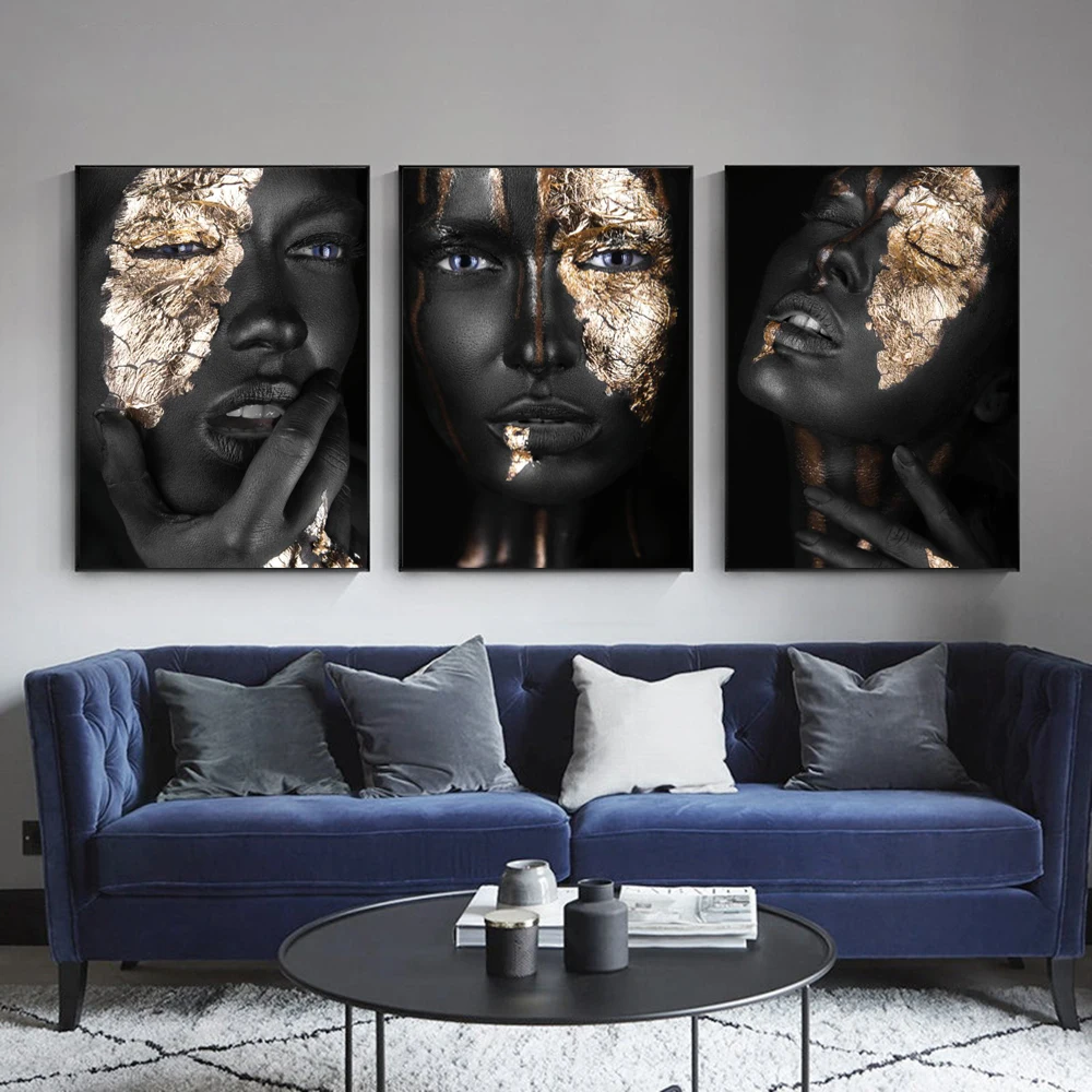 

African Art Black and Gold Woman Oil Painting on Canvas Cuadros Posters and Prints Scandinavian Wall Art Picture for Living Room