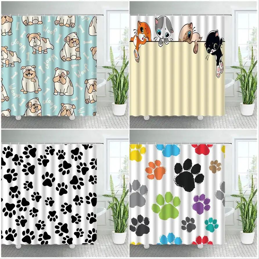 Funny Cats Shower Curtains Cute Dogs Footprints Cartoon Animals Children Bathroom Decor Polyester Fabric Kids Bath Curtain Sets