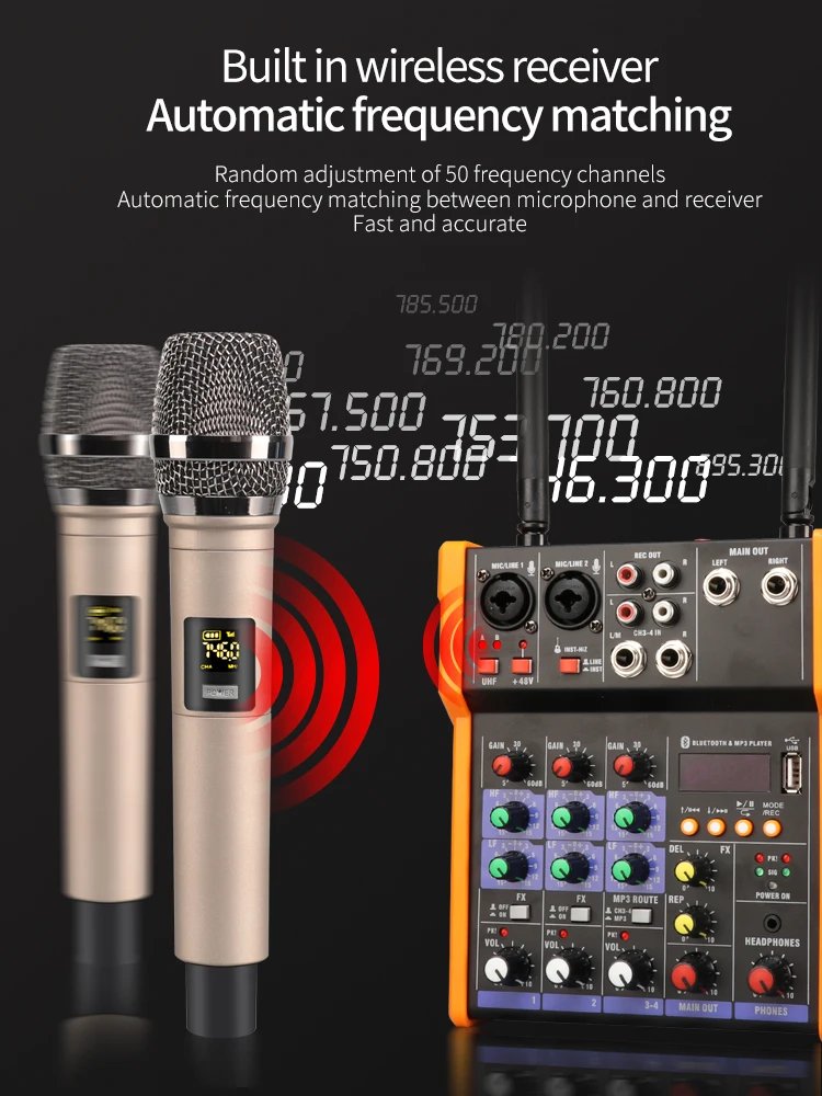 TKL 4Channels Audio Mixer with UHF microphone Sound Mixing REC Bluetooth USB Record 48V Phantom Power DJ Mixer