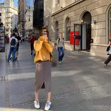 Осень-зима, толстая Женская вязаная юбка, однобортная, в бедрах, посылка с разрезом спереди, прямая, женская, элегантная юбка