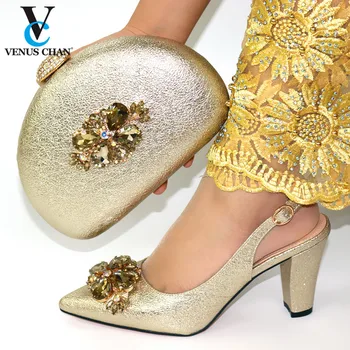 

2020 Gold Classics New Coming Cofortable Shoes And Bag To Match Set African High Heels Party Shoes And Bag Set For Wedding