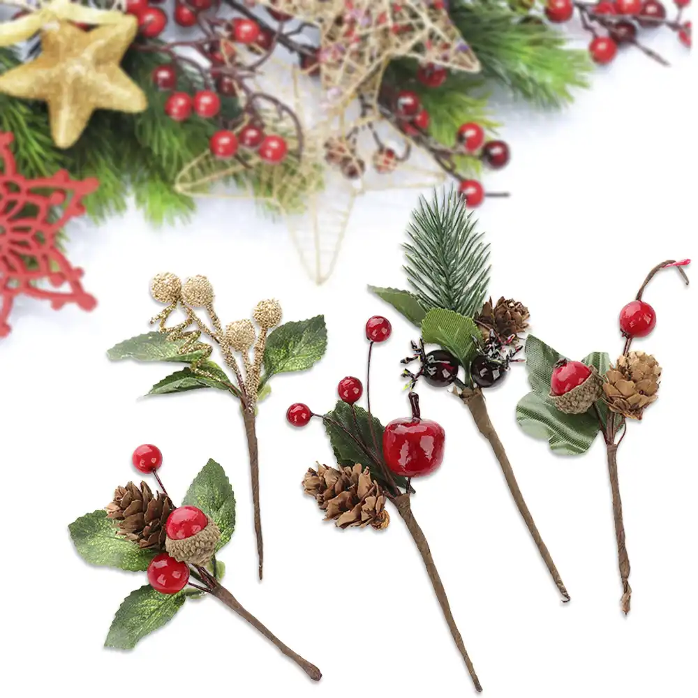 VOSAREA 3Pcs Christmas Berry Picks Artificial Simulation Pine Cone Holly Berry Stems Branches for Xmas Winter Holiday Floral Wreath DIY Craft Tree Filler Red