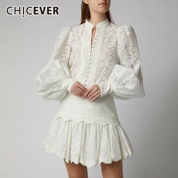

CHICEVER Hollow Out Two Piece Set For Women V Neck Lantern Sleeve Shirts High Waist Skirts Female Suit Autumn Fashion New 2020