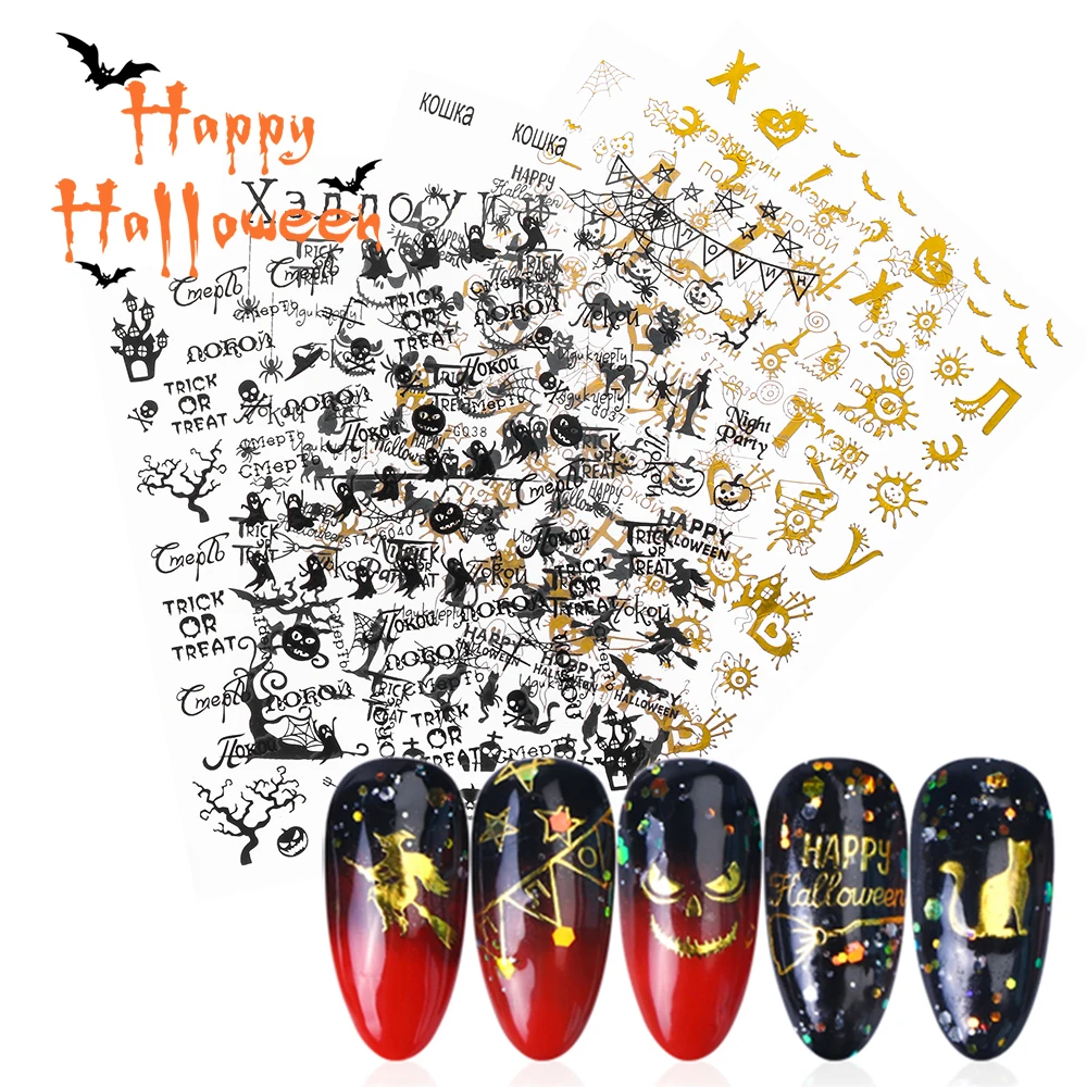 

1 Sheet 3D Halloween Theme Nail Sticker Gold Black Russian Letter Death Inscriptions DIY Charms Transfer Decals Nail Art Decors