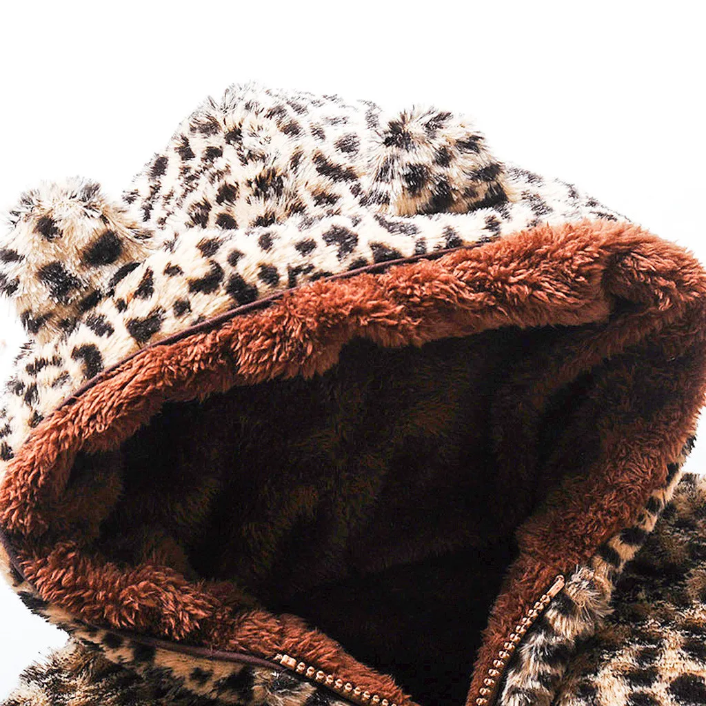 Леопардовая куртка для девочек Дети ребенка девочки мальчики флис с милыми ушками на молнии утепленное пальто с капюшоном теплая верхняя одежда толстая осень-зима