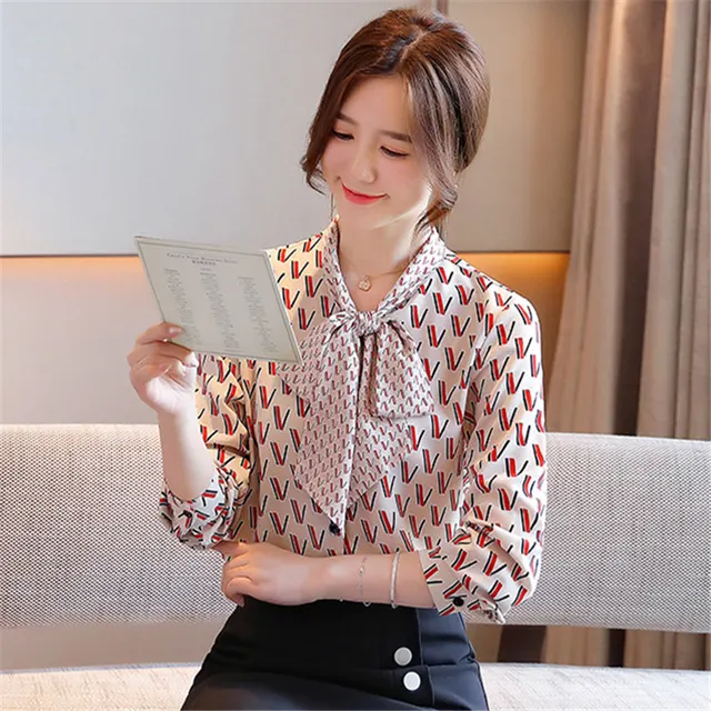 Autumn Fashion Women Tops And Blouses Long Sleeve Letter Print Chiffon Shirts Casual Lady Lac-up Bow V-Neck Clothing Blusas