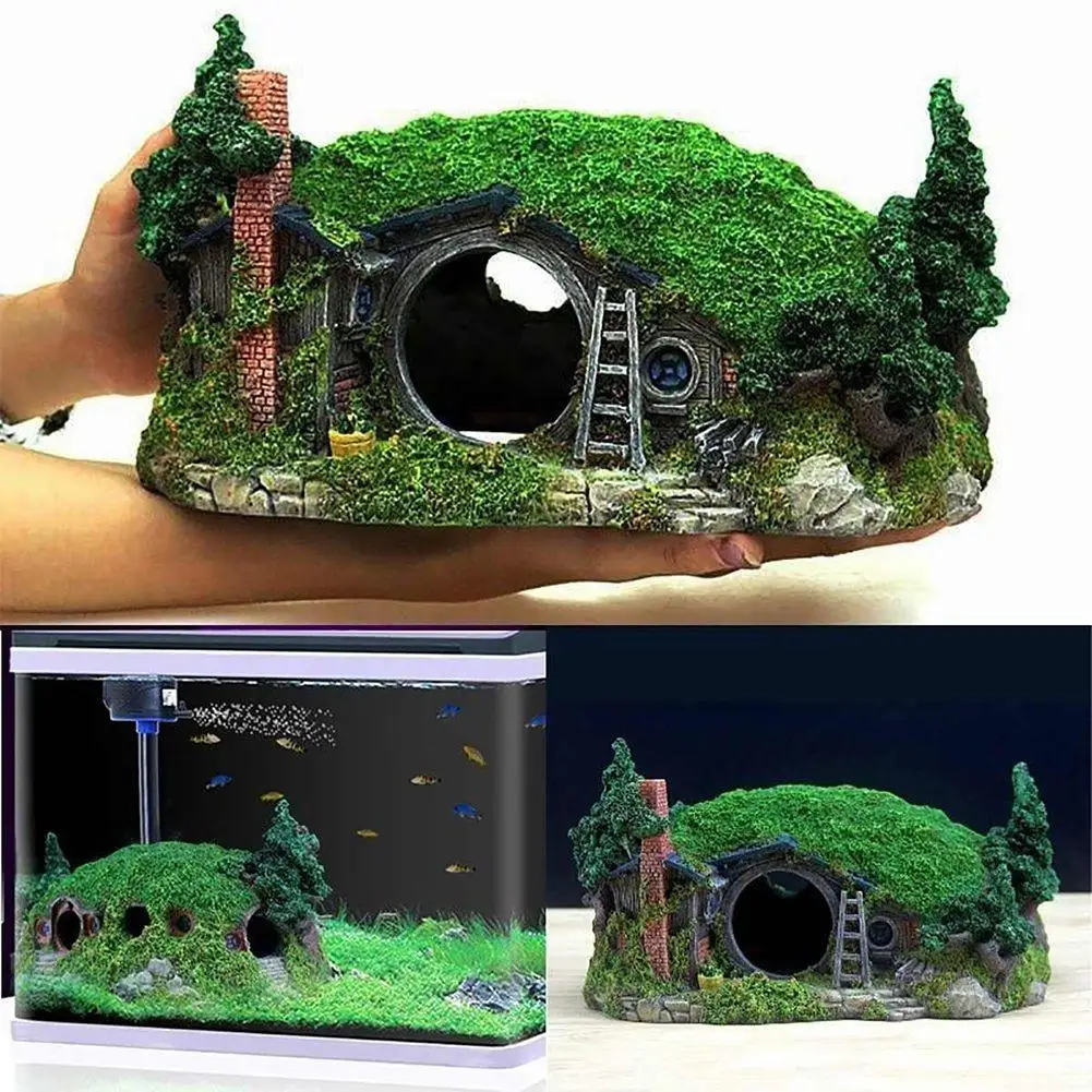 Resin Dwarf House Shape Aquarium Feeding Box Fish Bowl Ornament Lizard Tortoise Hiding Box