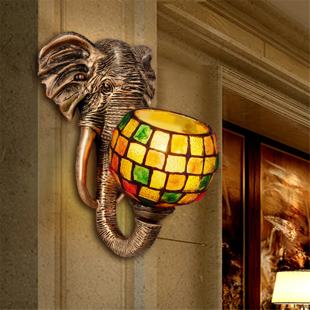 Southeast Asian Thai style Resin elephant glass wall lamp for living room decoration corridor bedroom bedside nightstand light