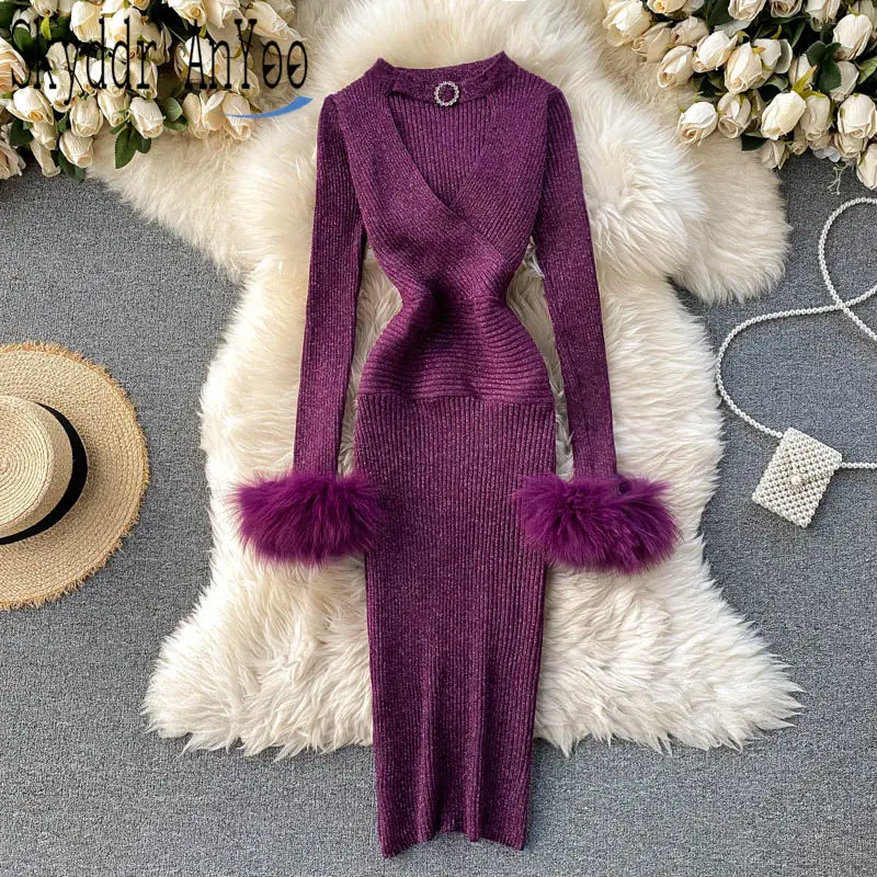 Autumn Winter Shiny Knitted Dress For Women Long Sleeve Hollow Out Bodycon Sexy Party Dresses Slim Elastic Warm Base Femme Robe | Женская