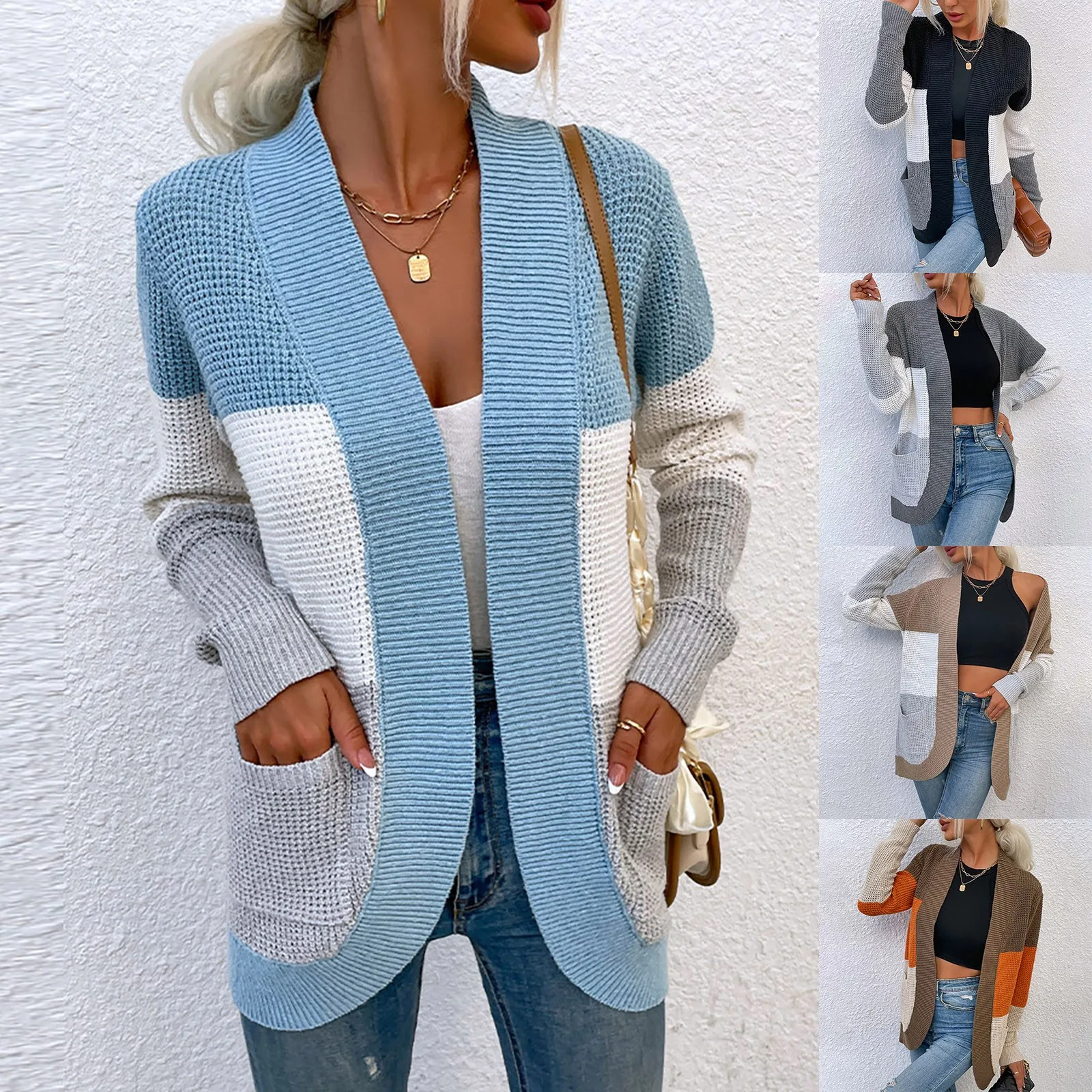 Knit Sweater Coats Women's Casual V-neck Curved Large Pocket Sweater Contrast Color Overcoat Femme Long Cardigan Outwear #4 1