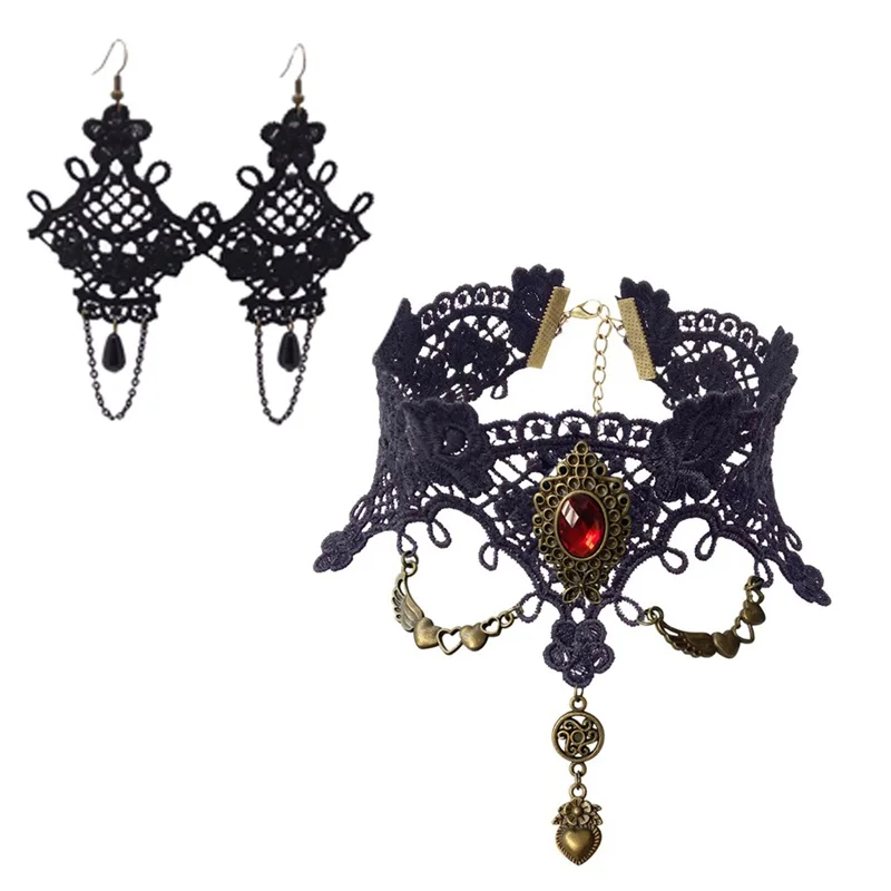 YiYaoFa Handmade Exaggerated Jewelry Set Gothic Black Lace Necklace &amp Earring Women Accessories Party YTZ-01 | Украшения и