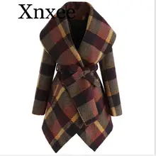 Корейский стиль клетчатые женские шерстяные пальто осень зима модный пояс большие кашемировые пальто
