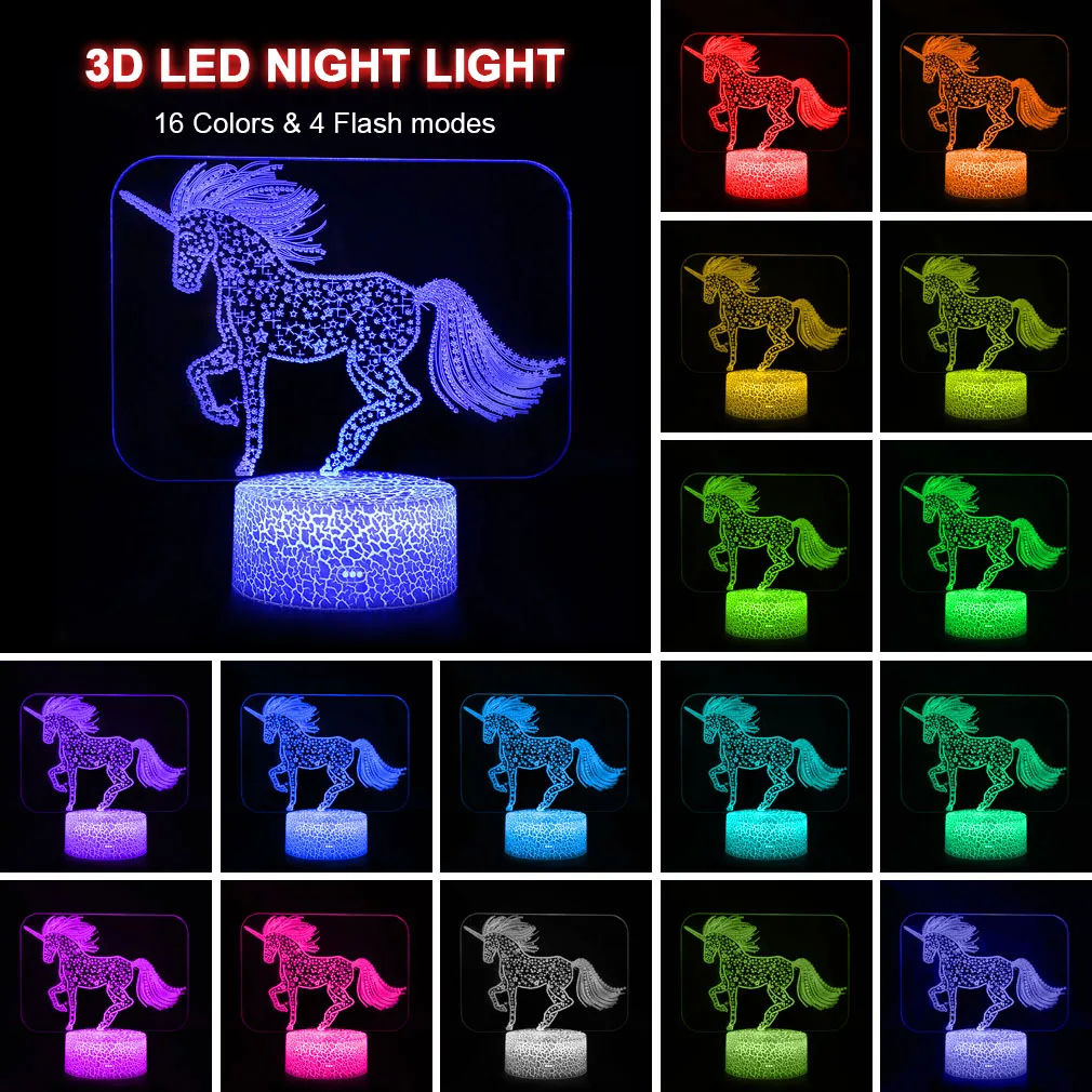Единорог светодиодный 3d ночник удаленное животное настольная лампа Иллюзия 16