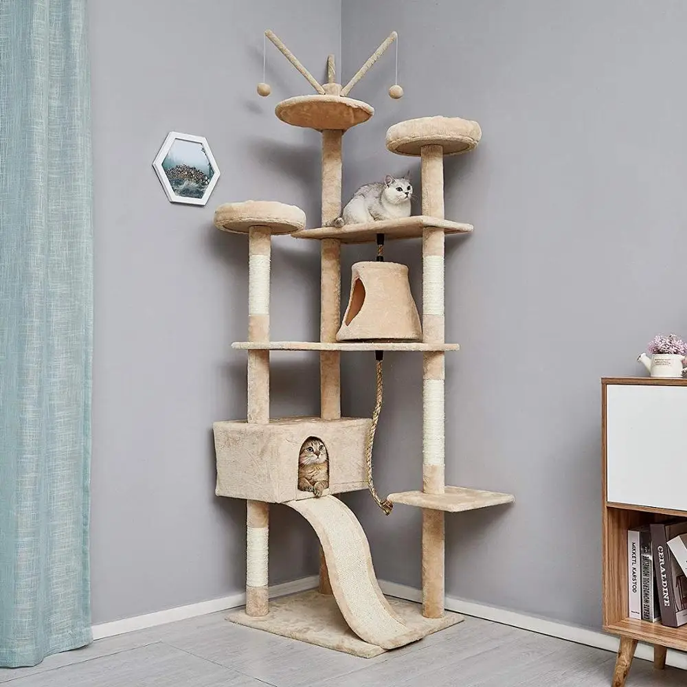 Cat Tree Cat‘s Climbing Frame Scratching Board Kitten Toy 6 Levels with Slide Crib Swing Sisal Height 210cm C03