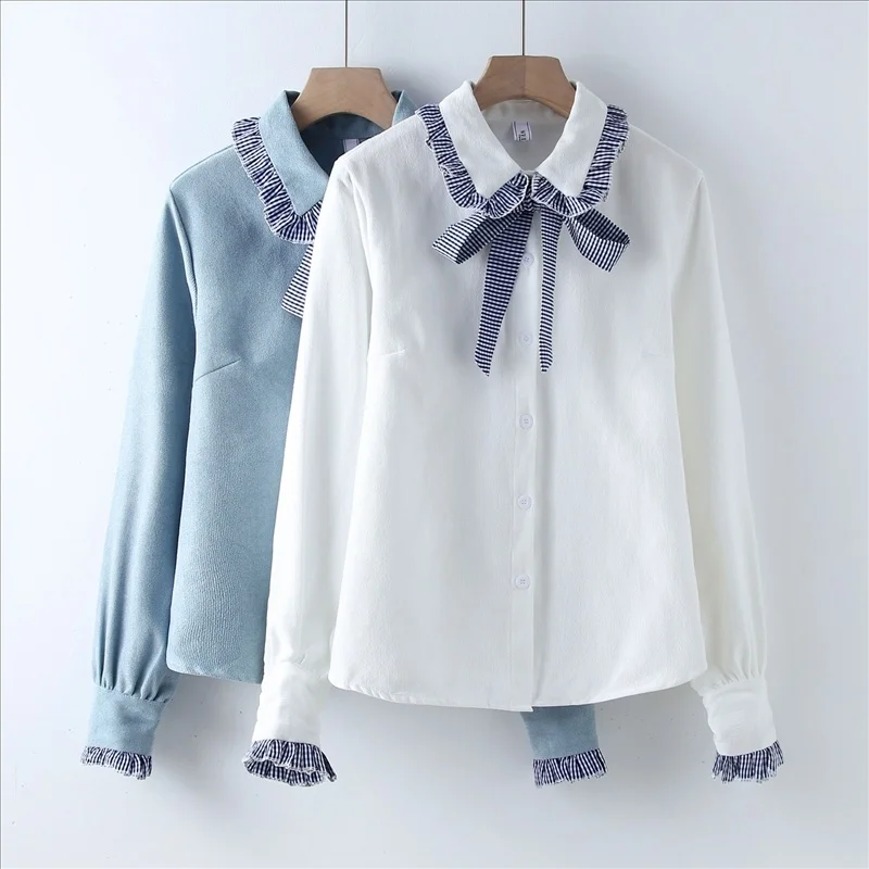 

2020 Plus Velvet Women's Blouse Plaid Lacing Turn-down Collar Female White Shirt Office Ladies Tops Long Sleeve Comfortable